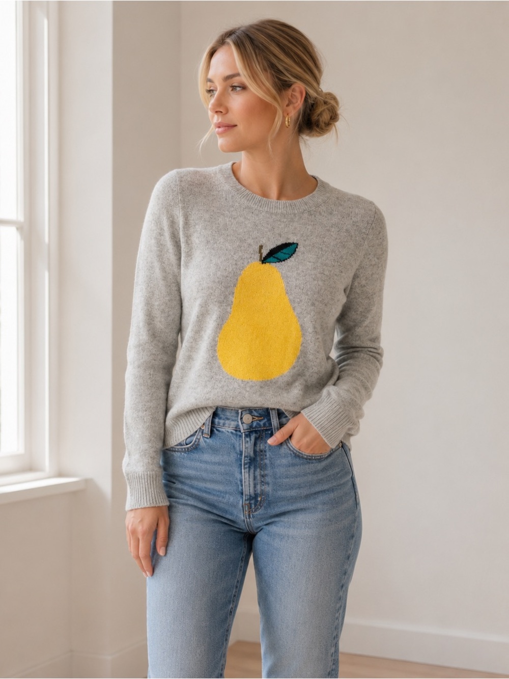 J.Crew Heather Gray Pear Graphic Sweater XXS Long Sleeve Fruit Intarsia Pullover